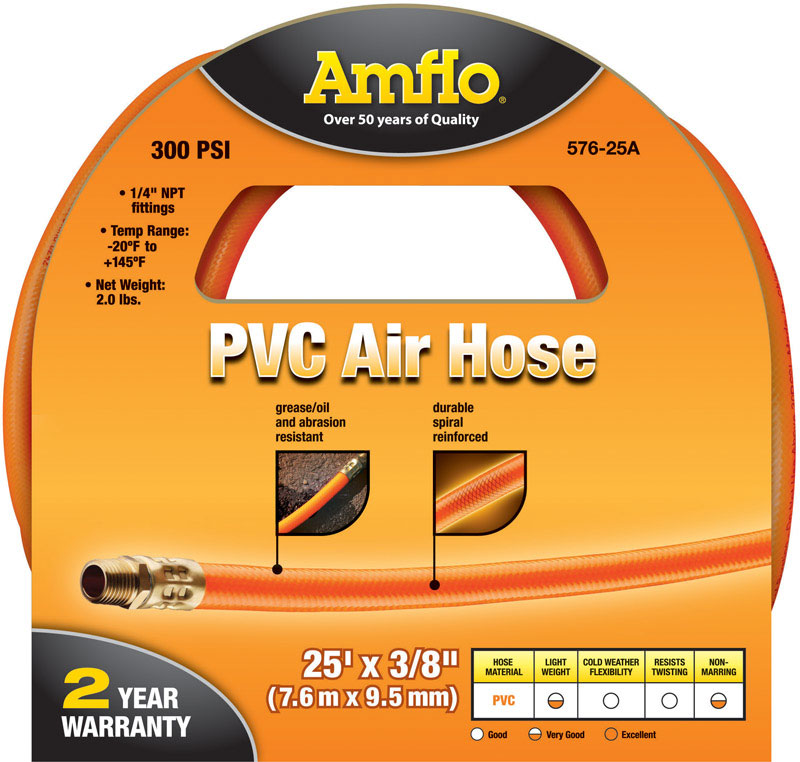 Amflo Tuyau D'Air PVC 50 Pieds X 3/8 Pouce – Orange, 300 PSI, Léger 576-50A