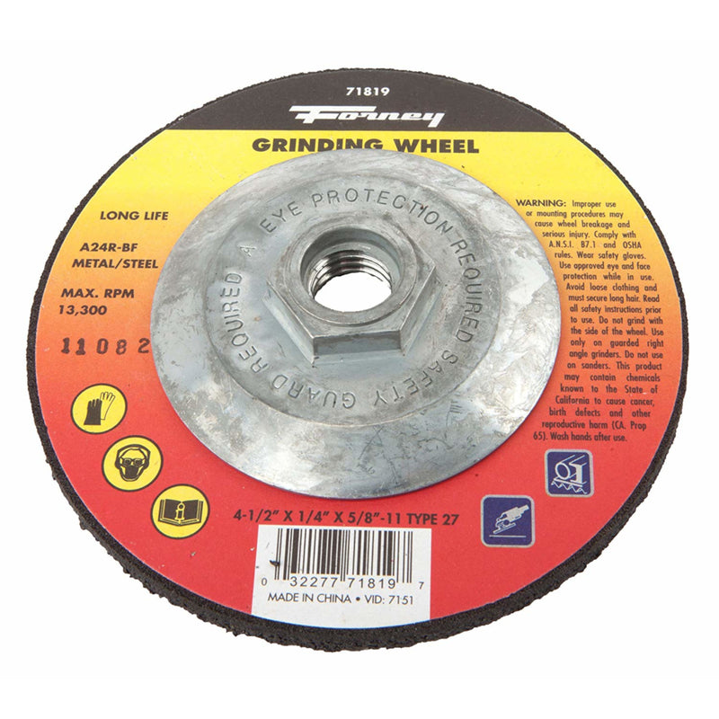 Forney Grinding Wheel, Metal Type 27, 4-1/2" x 1/4" X 5/8-11  71819