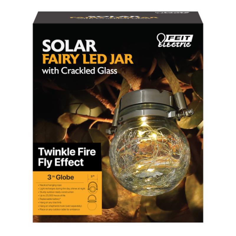 Feit Electric 3.7 in. Solar Power Glass Round Coach Lantern Crackle Jar w/Fairy Lights Clear GLOBE3/SOL/LED - Box of 3