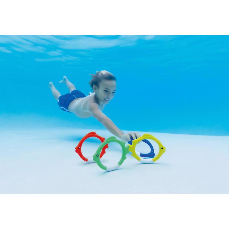 Get ready for an underwater adventure with Intex's fish ring pool toy! These eye-catching rings come in a variety of colors and feature cute fish designs.