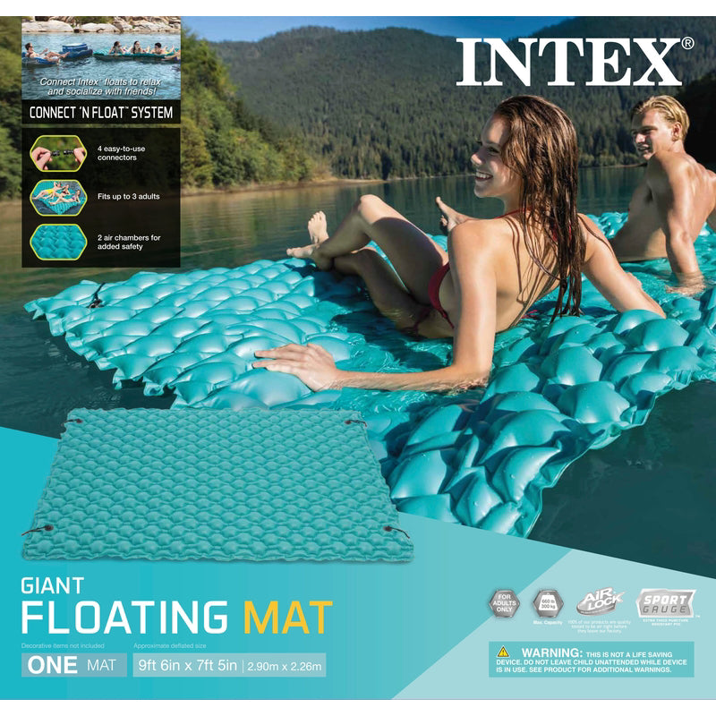Experience ultimate pool comfort with the Intex Floating Mat! Crafted for up to three people, this inflatable pool mat in cool blue vinyl ensures a delightful and relaxing time in the water.