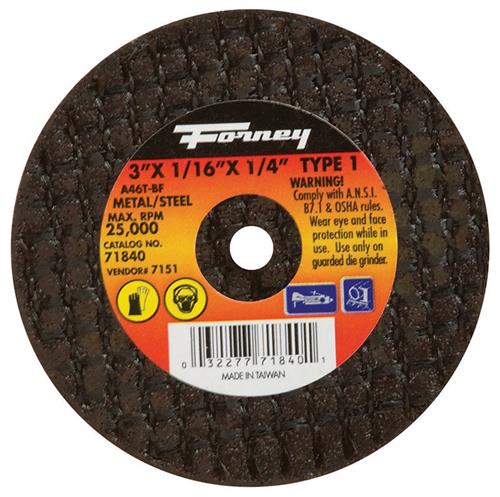 Forney 71840 Cut-Off Wheel, Metal Type 1, 3" X 1/16" X 1/4"