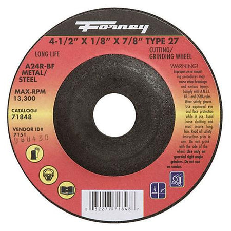 Forney 71848 Cut-Off Wheel, Metal Type 27, 4-1/2" X .1/8" X 7/8"
