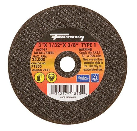 Forney 71855 Cut-Off Wheel, Metal Type 1, 3" X 1/32" X 3/8"