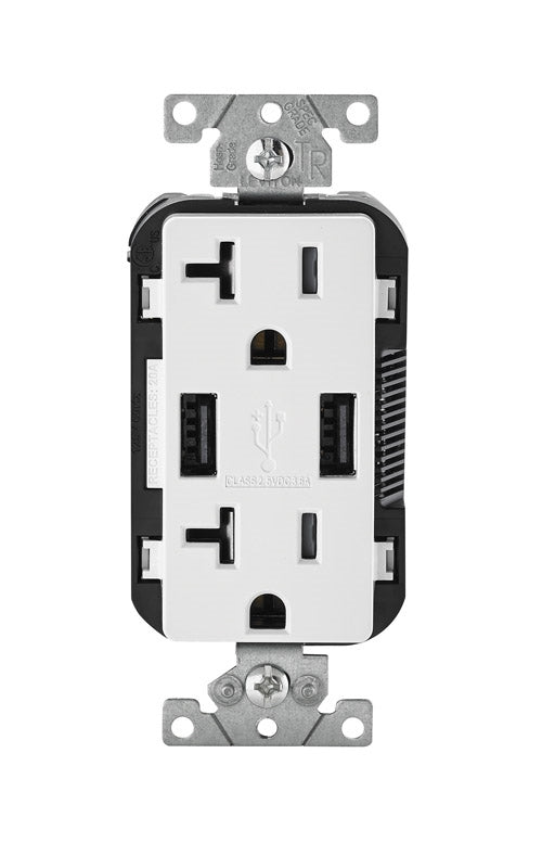 Leviton T5832-W 20 Amp Combination Duplex Receptacle/Outlet and USB Charger White